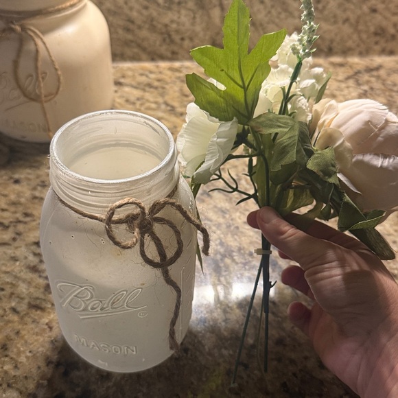 Mason Jar Floral Arrangement in Cream and Pink with wood box to hold them - Picture 2 of 2